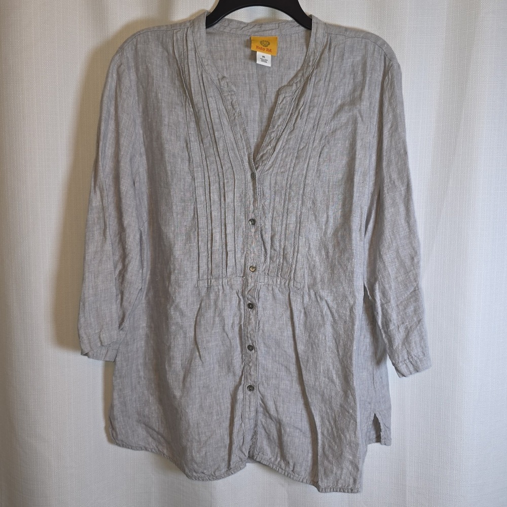 Ruby Rd. Linen Blouse Womens XL Blue Pintuck Button Down 3/4 Sleeve Top
